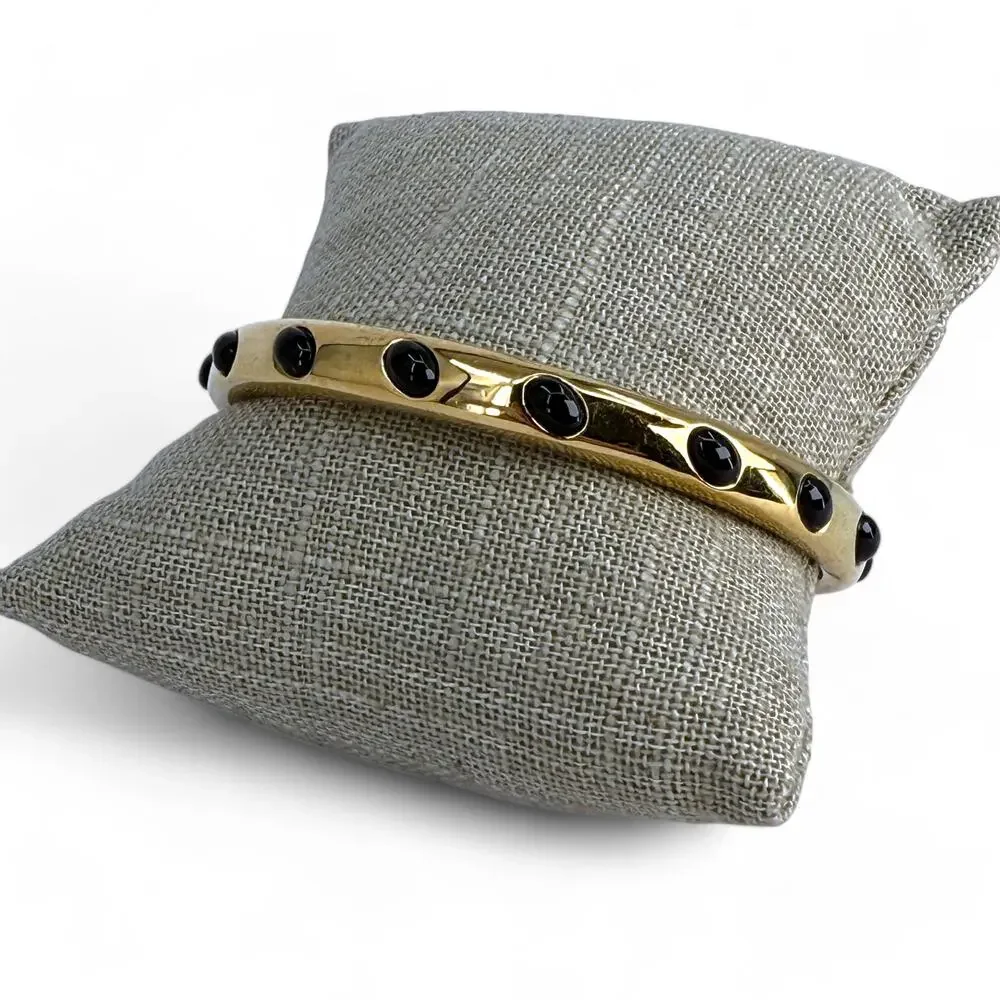 J Crew Bangle Bracelet Shiny Gold Tone with Black Raised Cabochons
